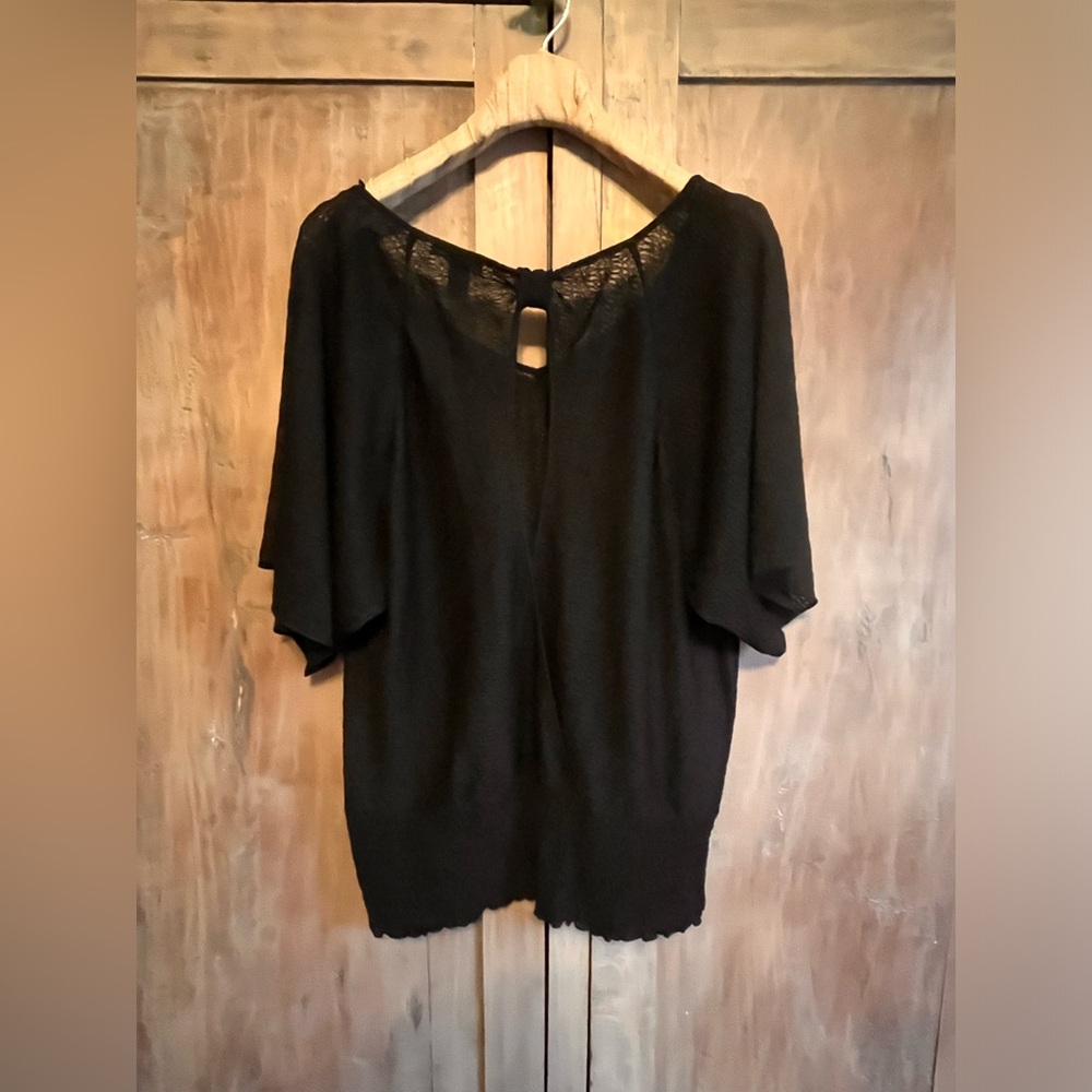DEB SHEER TEXTURED BLOUSE Black Short wide sleeve smocked waistband open back 2X